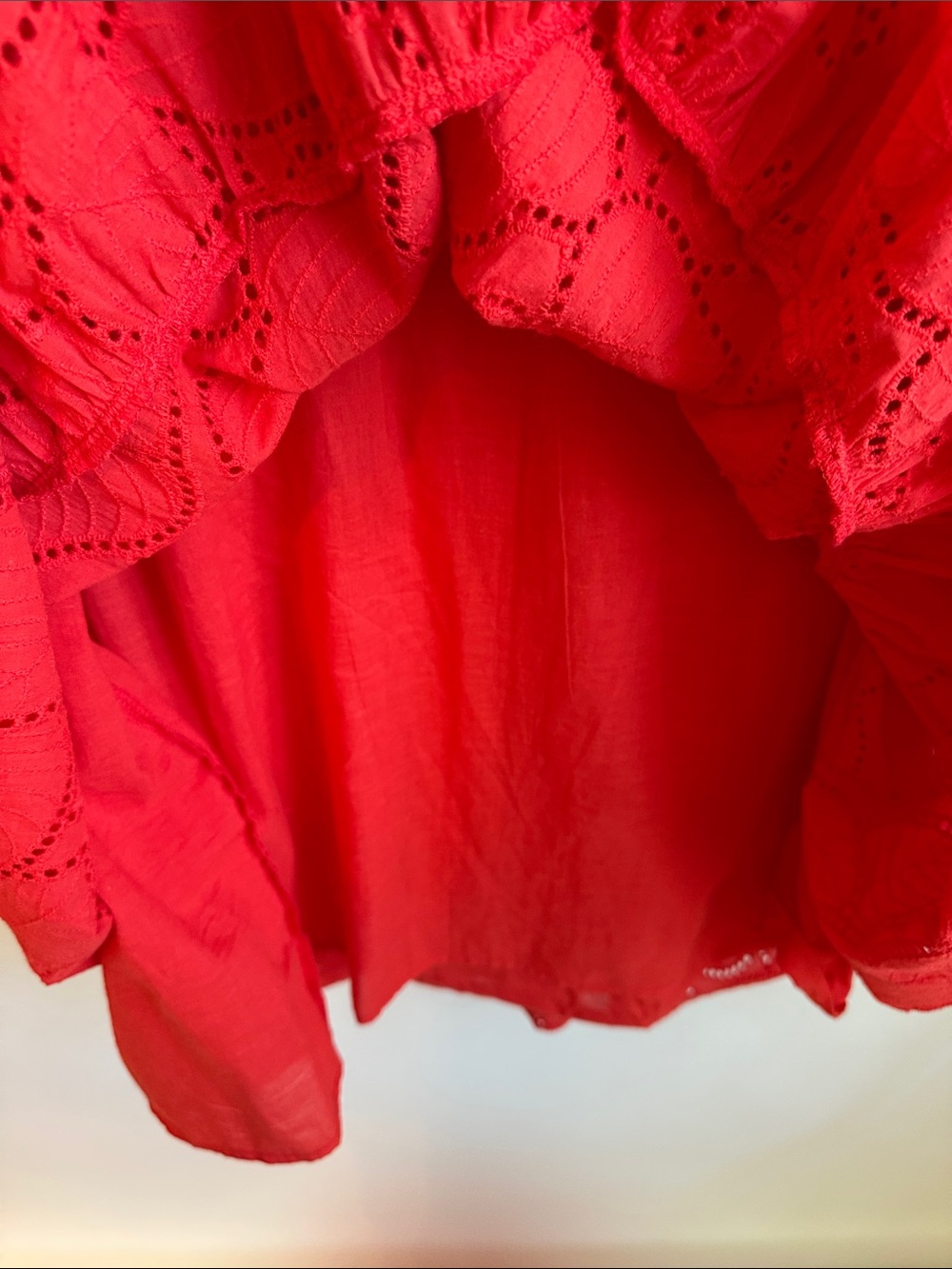 Foil Poppy Red Eyelet V-Neck Tiered Midi Dress - Picture 10 of 11